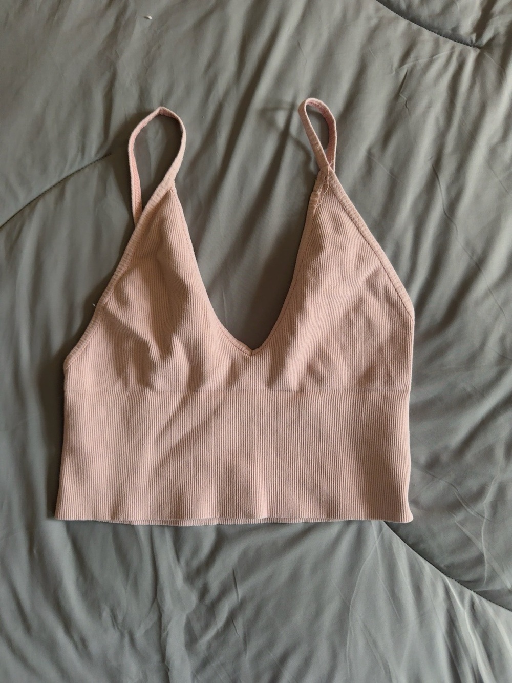 Ribbed Seamless V-Neck Bralette Crop Top Light Pink (No Brand Tag)